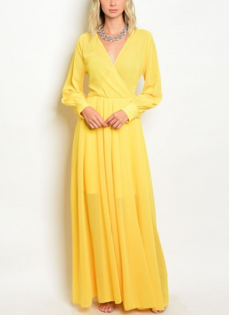 Yellow Long Sleeve V-Neck Sheer Chiffon Maxi Dress
