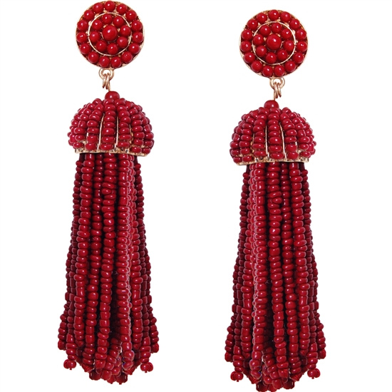 Burgundy Long  Bead Tassel Earrings