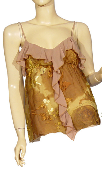 Gold Floral Metallic Asymmetrical Ruffle Cami Top