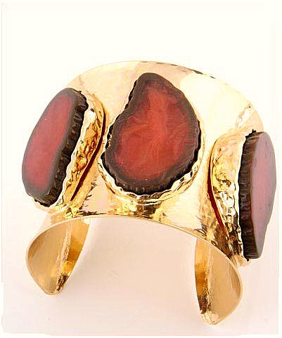 Hammered Gold Metal Gemstone Carnelian Cuff Bracelet 