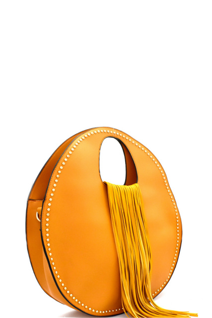 Mustard Yellow Leather Fringe Circle Studded Satchel Bag