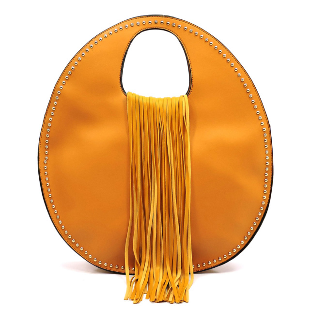 Mustard Yellow Leather Fringe Circle Studded Satchel Bag