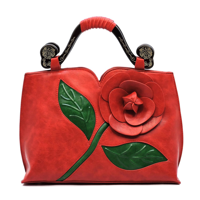 Red 3D Flower Blossom  Wooden Top Handle Bag