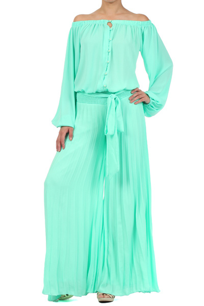 Mint Pleated Flared Wide Leg Jumpsuit