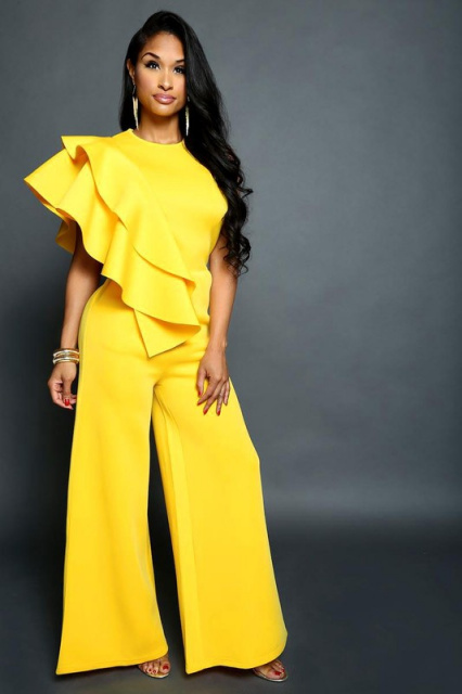 Yellow Cascading Ruffle Statement Shoulder Flare Jumpsuit