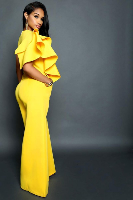 Yellow Cascading Ruffle Statement Shoulder Flare Jumpsuit