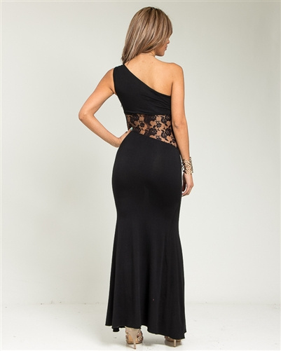 Black One Shoulder Lace Waist Maxi Dress