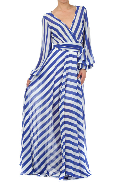 Blue Striped Wrap Chiffon Maxi Dress