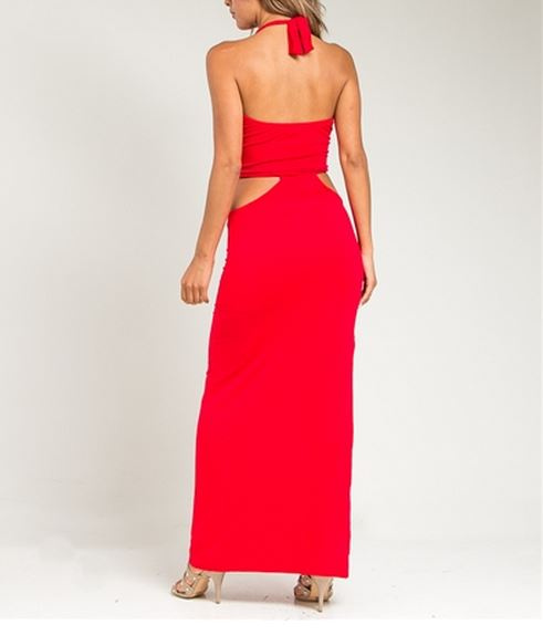 Red Slit Cut Out Halter Neck Jersey Dress