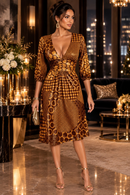 Mustard Geometric Print Metallic V  Neck Dress
