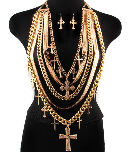 Gold Herringbone Multi Layered Cross Necklace