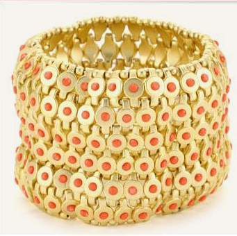 Coral and Gold Stretch 6-Row resin Cuff Bracelet
