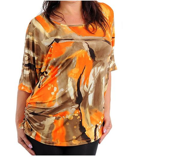 Orange Print Side Ruched Plus-Size Jersey Top
