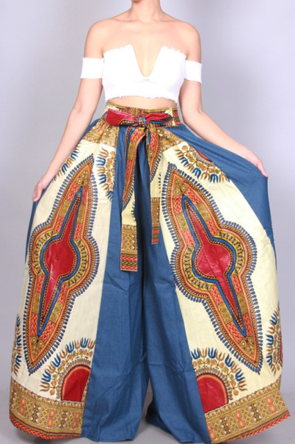 Blue Denim Dashiki African Print Wide Legs Palazzo Pants
