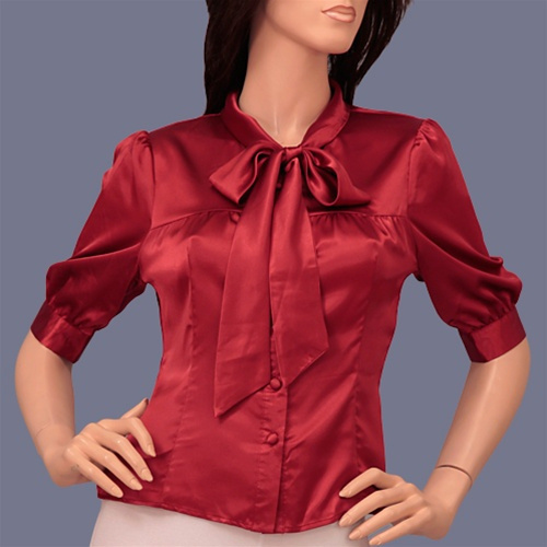 Red Satin Tie-Neck 3/4 Sleeves Bow Blouse  