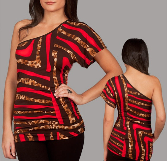 Red Leopard Print Asymmetric One Shoulder Ruched Jersey Top