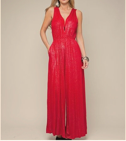 Red Metallic Deep V-Neck Jersey Jumpsuit 