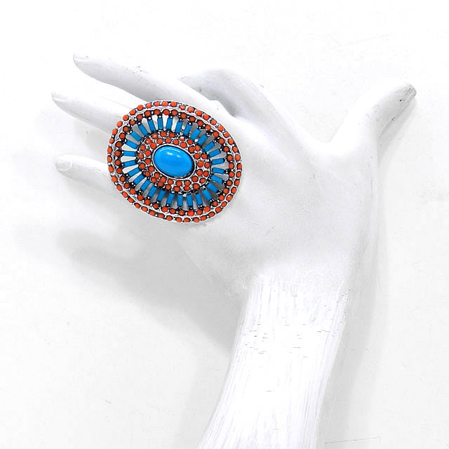Turquoise Coral Oval Oversized  Tribal Ring