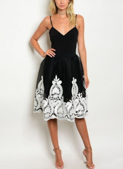 Black White Embroidered Lace Mesh Midi Skirt 