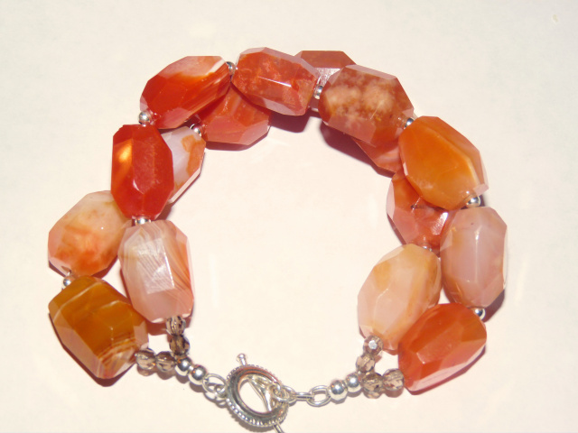 Sterling Silver Two Strands Carnelian Toggle Bracelet 8 1/2"