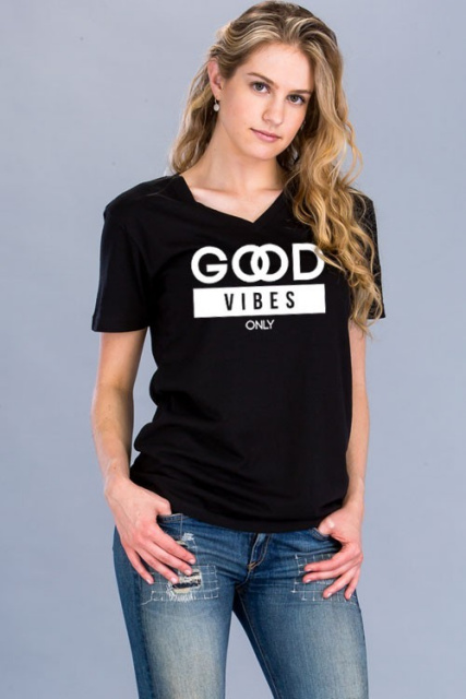 Good Vibes Only V-Neck  Printed T-Shirt Black