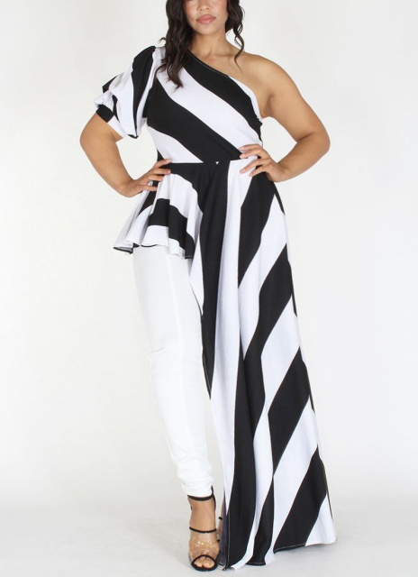 Plus Black White Stripe One Shoulder Drape Maxi  Peplum Top