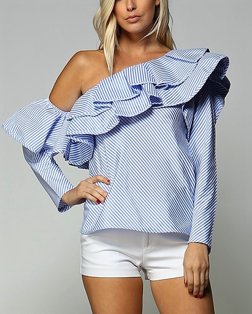 Blue Ruffle Pinstripe One Shoulder Top