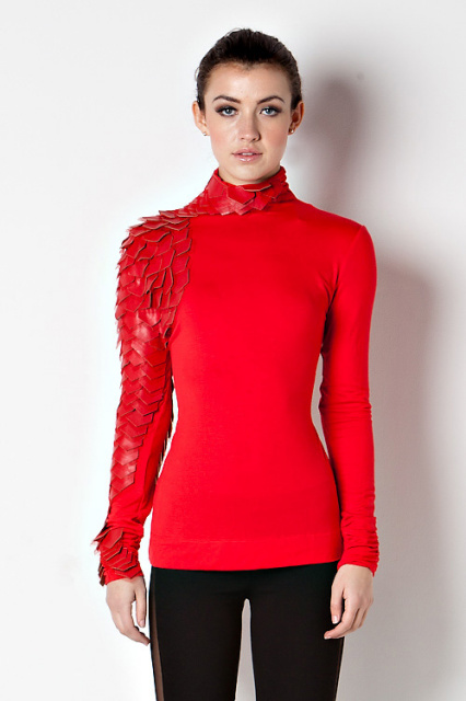 Red Asymmetrical Leather Scale Sleeve Turtleneck