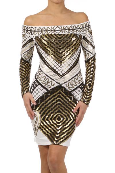 Metallic White Egyptian Print Long Sleeve Mini Dress