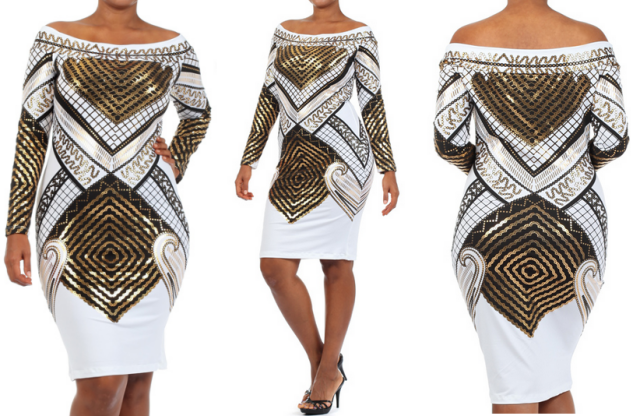 PLUS SIZE EGYPTIAN PRINT WHITE GOLD OFF SHOULDER BODYCON DRESS