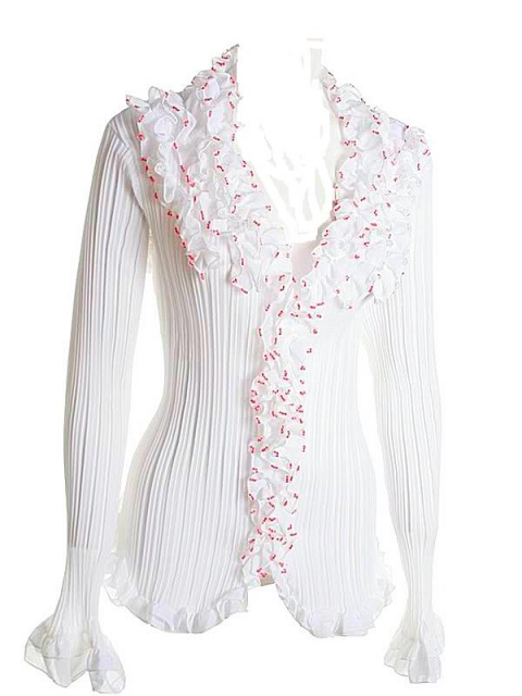 White Beaded Ruffles Placket Plus-Size Blouse