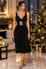 Black Pleated Mock Belted Jersey Cocktail Dress