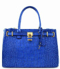 Blue Faux Leather Croc Structured Oversized Tote Handbag