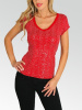 Red  Sequined V-Neck Cap Sleeves Jersey Top