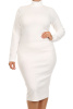  White Highneck Ribbed Long Sleeve Fitted Midi Dress