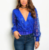 Royal Blue Sheer Fringe Sequins Bodysuit Top