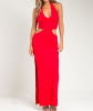 Red Slit Cut Out Halter Neck Jersey Dress