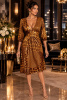 Mustard Geometric Print Metallic V  Neck Dress