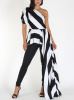 Black White Stripe One Shoulder Drape Maxi  Peplum Top