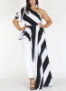 Plus Black White Stripe One Shoulder Drape Maxi  Peplum Top